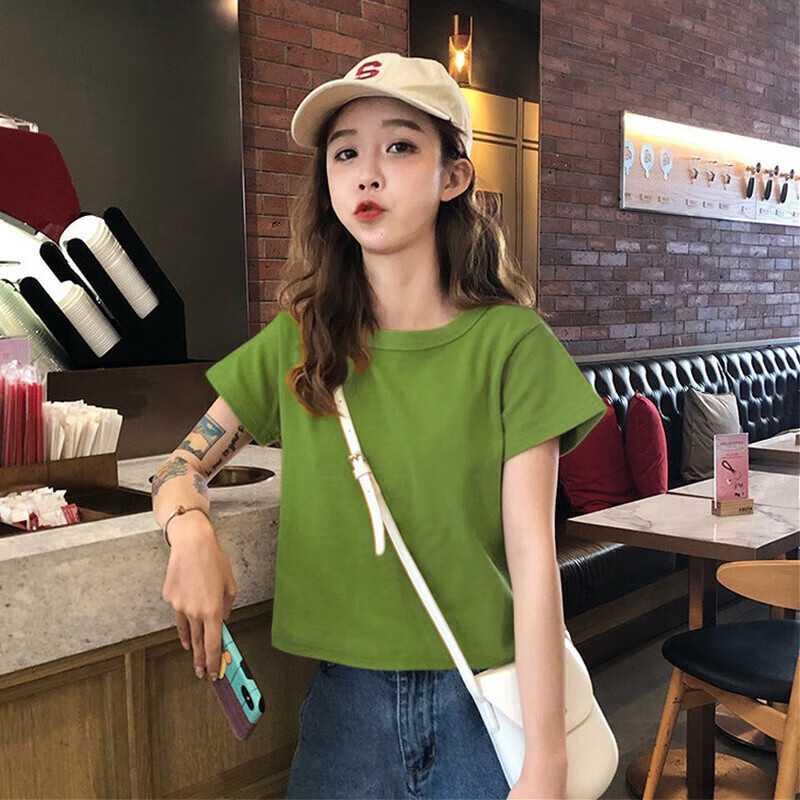 纯棉短款短袖t恤女夏季女装新款内搭常规外穿ins超火正肩上衣002 003黄色 S 参考90斤以内