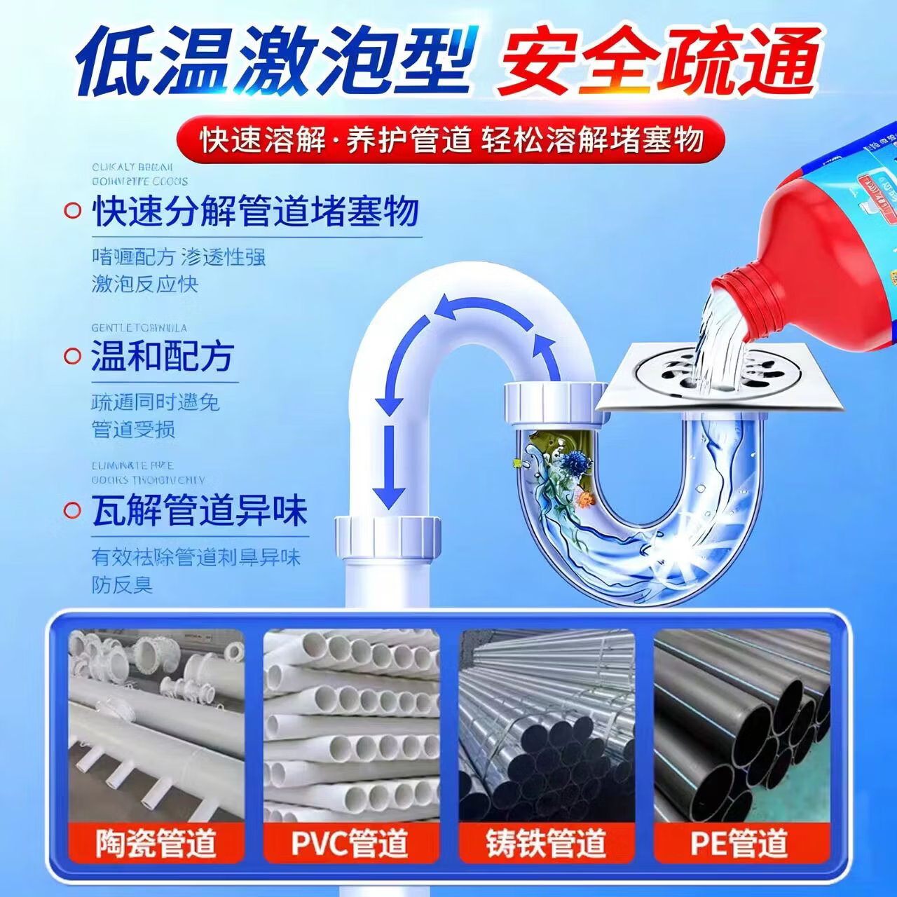 海布森（HAIBUS）下水管道疏通剂强力油脂溶解通清理厨房卫生间马桶重油污堵塞神器 500ml 5瓶装【超值囤货装】