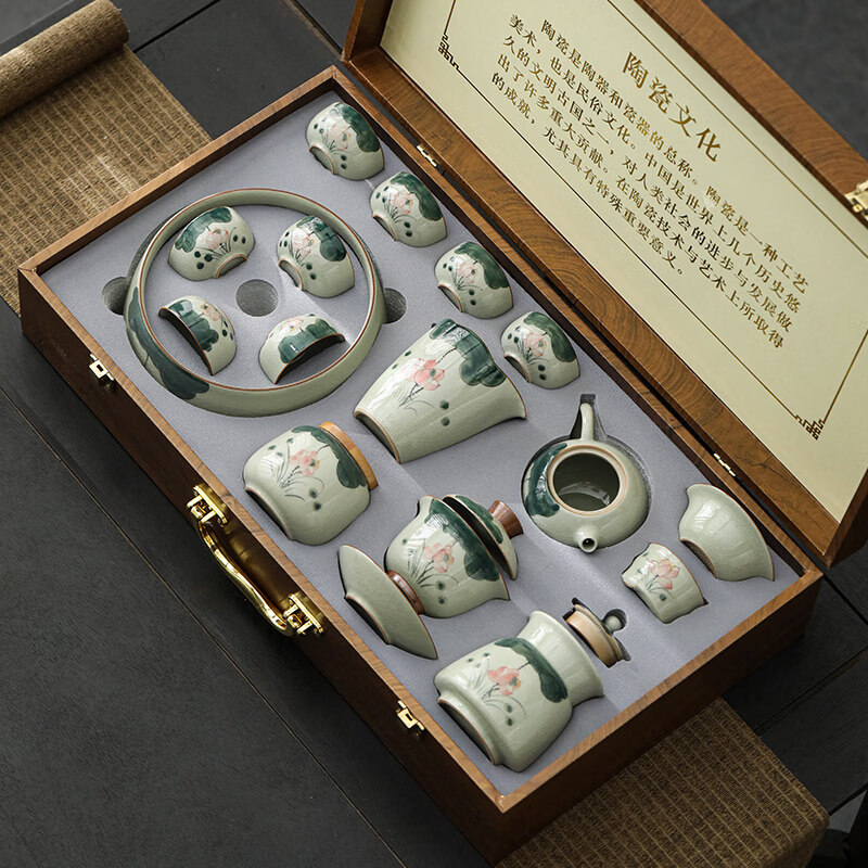 UNBO尊品精铸哥窑手绘家用中式功夫茶具套组高端陶瓷泡茶壶茶杯整 手绘哥窑-提梁壶-山水套 16件
