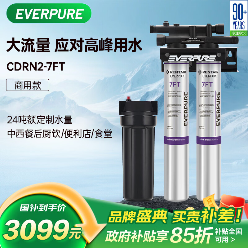 爱惠浦（Everpure）厨房餐饮现调用水 即滤即饮0电0废水 9.46升/分钟 24吨超大制水量 商用净水器CDRN2-7FT