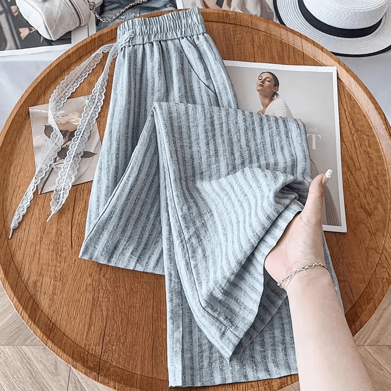2026春夏新款藏蓝色条纹亚麻直筒休闲裤时尚天丝蕾丝腰带阔腿裤 浅蓝色【九分裤】 4XL 145-155斤