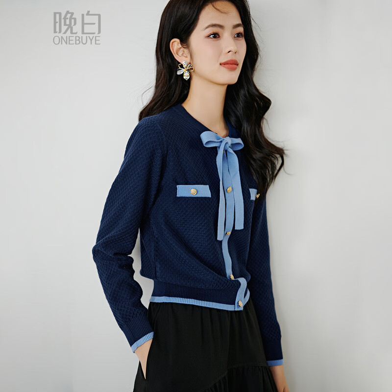 晚白2026年春款时尚撞色圆领miu系毛衣亲肤舒适气质百搭小香针织衫女 深蓝色 M