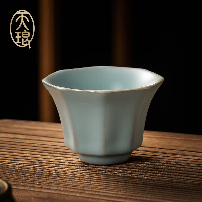 天琅窑汝窑天青八方杯 可养开片高端茶杯收藏送礼佳品主人杯礼盒装