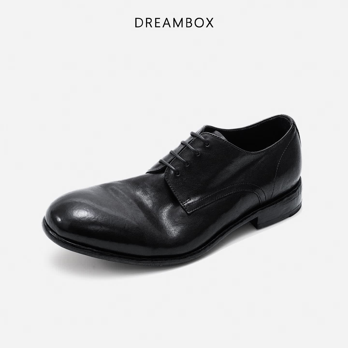 DREAMBOX钧博石洗马皮透气休闲皮鞋2026春夏新款复古英伦风德比鞋 雅黑色 39 男码