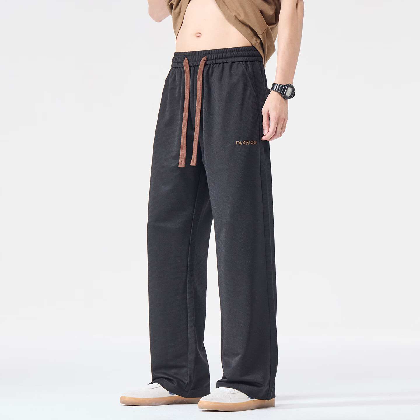 刺绣男士休闲裤夏季薄款百搭宽松直筒裤透气舒适松紧腰垂感长裤子 2688黑色 L 【建议体重110-125斤】