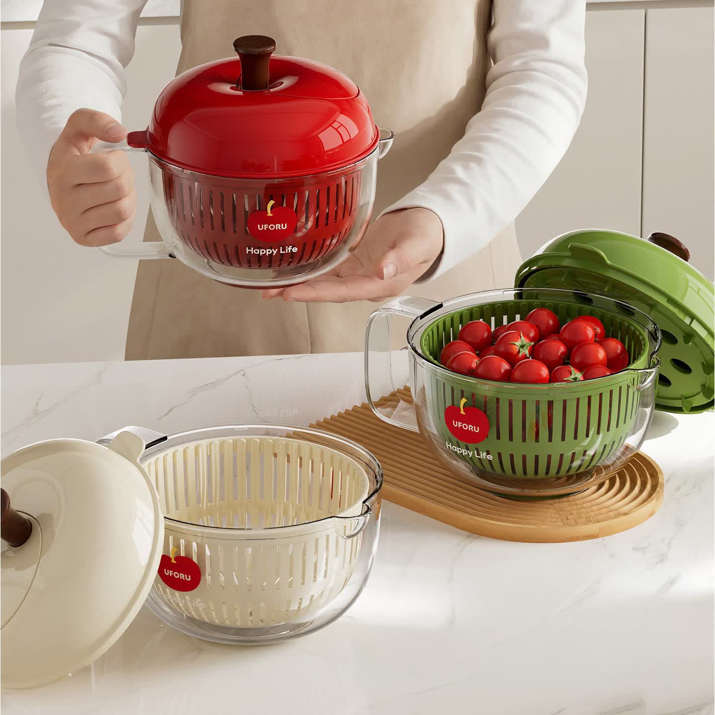 艾仕可（ASCOR）创意趣味苹果沥水篮大容量手摇旋转厨房果蔬清洗器加厚收纳篮 苹果沥水篮-奶油白