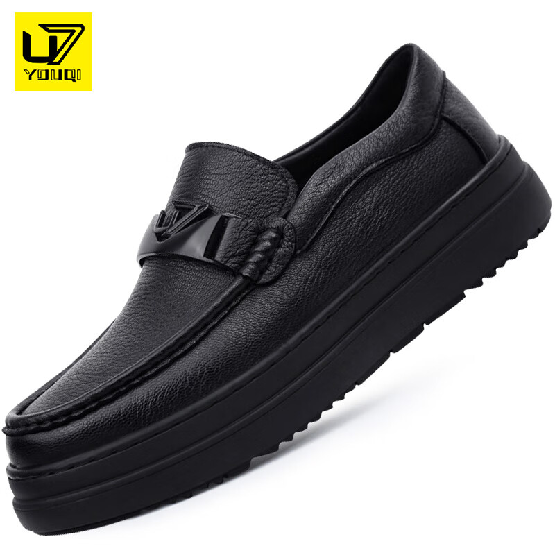 休闲皮鞋男士厚底百搭懒人一脚蹬豆豆鞋 黑色30851 43 皮鞋标准尺码