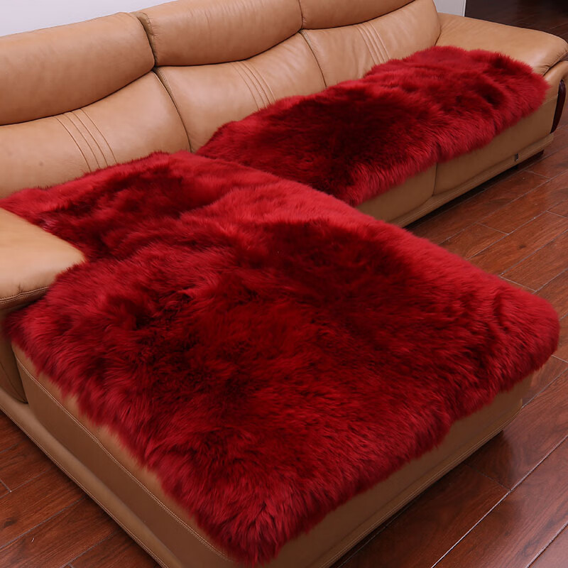 牧诺纯羊毛沙发垫真皮沙发垫子加厚长毛绒坐垫欧式皮毛一体羊毛毯 酒红色 50*50厘米