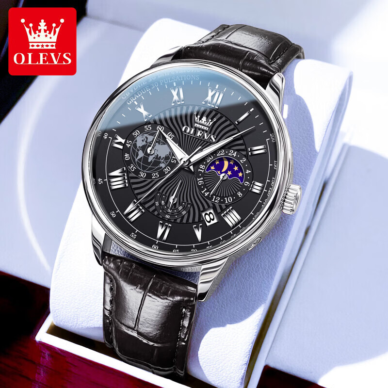 欧利时（OLEVS）高端名表十大品牌2026新款手表男石英表夜光防水潮流多功能男士表 典藏版2893黑皮本黑 免费刻字 终身质保