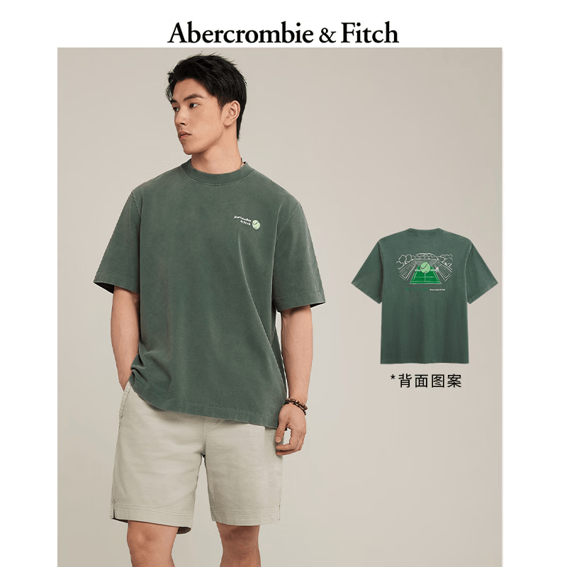 Abercrombie &amp; Fitch美式LOGO时尚情侣纯棉重磅短袖T恤上衣26夏男装123-6082 绿色 L (180/108A)