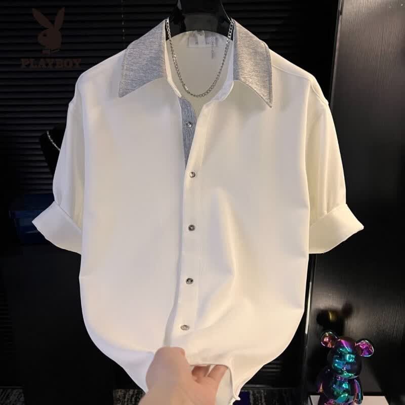 花花公子（PLAYBOY）痞帅拼接短袖衬衫男士夏季潮流休闲宽松时尚新款撞色百搭衬衣 黑色 M 建议70-90斤