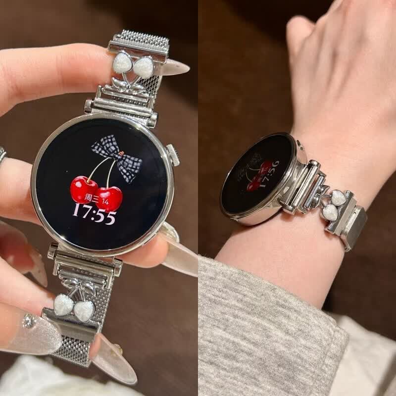 适用华为gt6表带金属磁吸watch5新款樱桃粉金米兰轻奢时尚网红女款表带 【银色-米兰尼斯】+樱桃白头粒 适用：华为Watch GT-表带22mm 京东折扣/优惠券