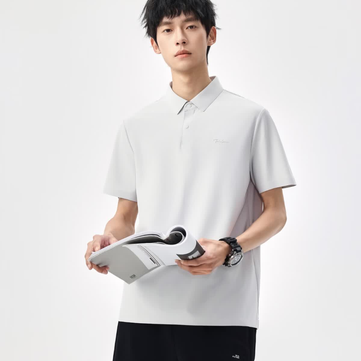 布衣传说【合集】夏季纯色polo衫男短袖宽松半袖打底衫 山影灰13698 XL