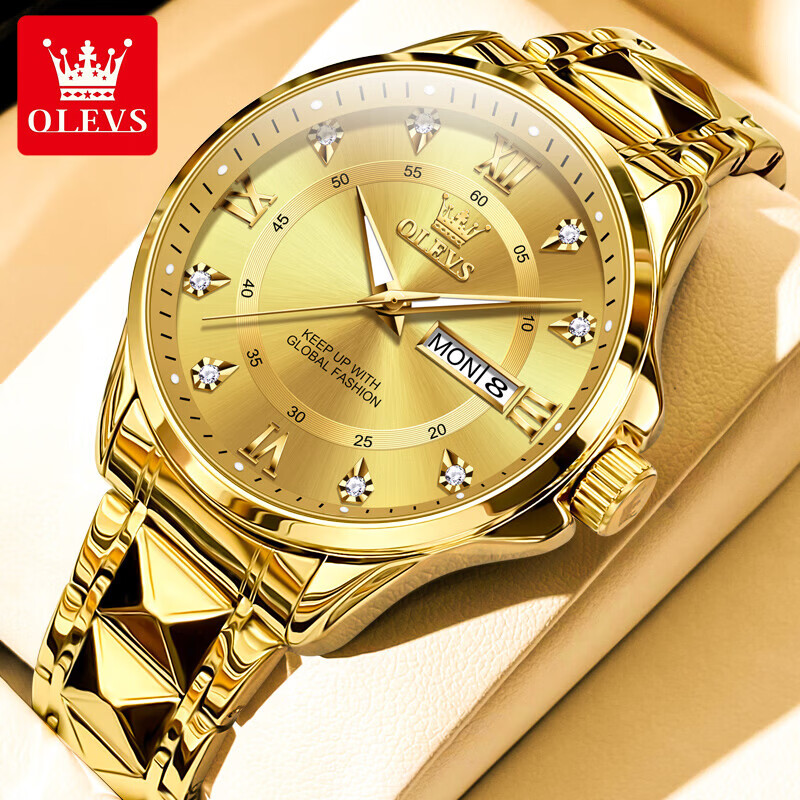 欧利时（OLEVS）瑞士认证手表男石英表品牌十大名表2026新款日历商务高端男士手表 典藏版2906钢带全金男 免费刻字 终身质保