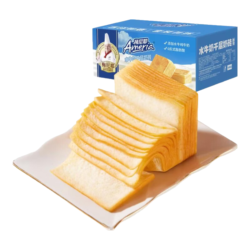 梅尼耶盼盼牛奶千层吐司手撕面包整箱早餐充饥健康零食小吃休闲食品 水牛奶奶砖面包(奶香味）*2箱