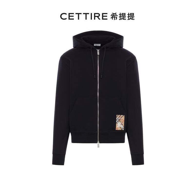BURBERRY 巴宝莉 格纹标签拉链抽绳连帽衫 黑色 M