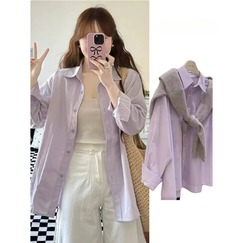 100%纯棉甜美显白浅紫色衬衫女衣外套百搭气质休闲上衣开衫 克莱因蓝色 有口袋 508 S