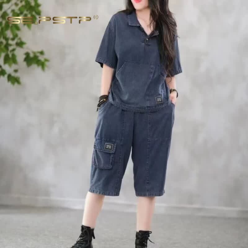 夏典素订女王(SE.PSTP)大码女装夏季牛仔套装宽松显瘦短袖减龄MM六分舒适通勤两件装潮流 蓝色套装 L 建议(120-140斤