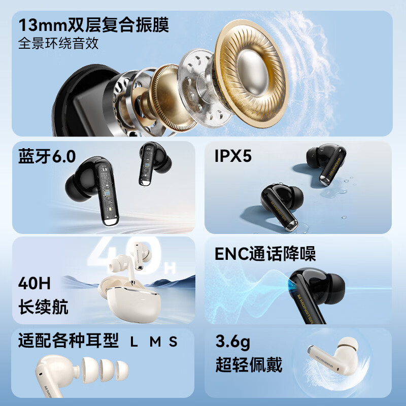 魔声(Monster)N-Lite 350 入耳式蓝牙耳机真无线高音质游戏电竞主动降噪运动耳机 手机通用 黑色【ENC降噪+40h续航】