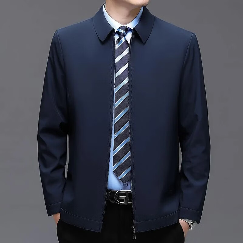 新中式休闲男外套中老年爸爸装商务休闲薄款风衣夹克暗扣翻领款 翻领-拉链款-藏青色 L 175码建议120-140斤