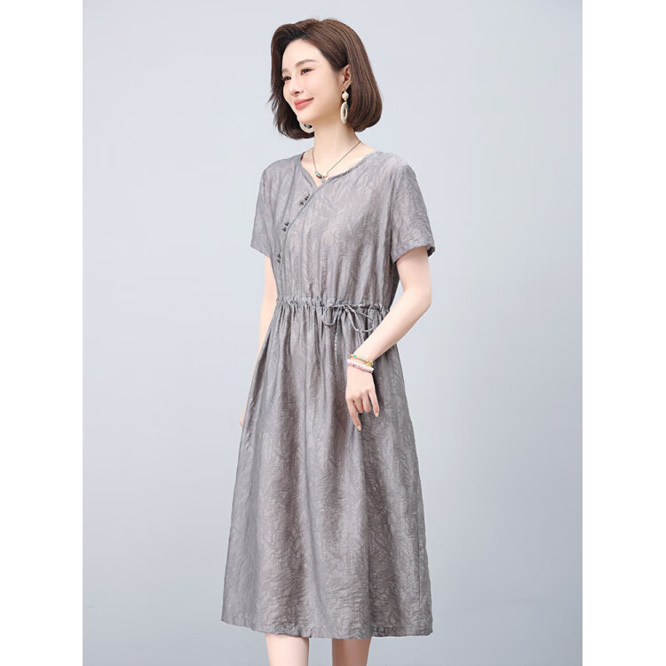 花花公子（PLAYBOY）新中式天丝亚麻A字连衣裙2026夏装妈妈中长款 杏色 【版】 2XL