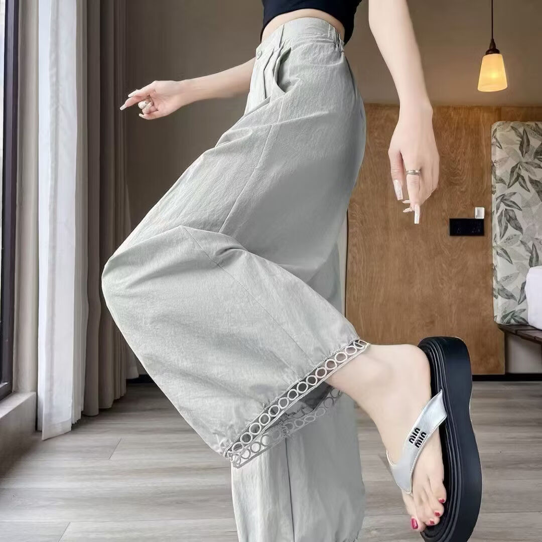 GIOIO冰丝花边灯笼裤女夏季新款宽松九分时尚高腰显瘦休闲阔腿花苞裤 浅灰色 轻薄 S 建议【85-95斤】