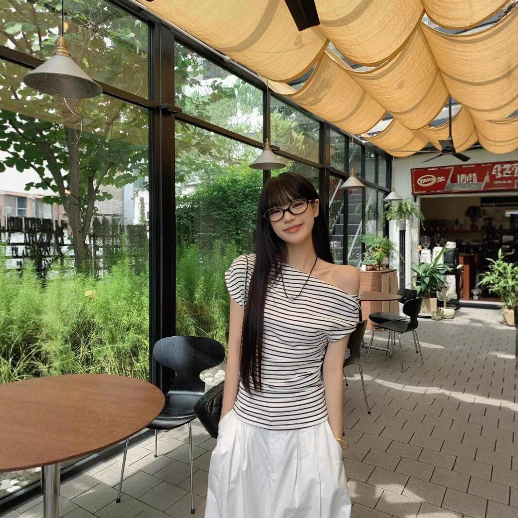 【源头直采】条纹露肩斜领短袖T恤女辣妹纯欲风显瘦气质女装上衣 条纹 XL