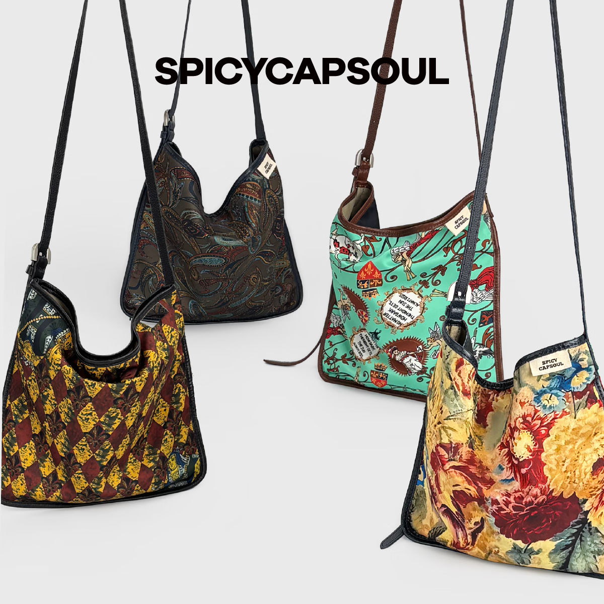 SPICYCAPSOUL【插画师】池金物小众缎面配头层牛皮双面背单肩斜挎托特包 【插画师】救赎天使(湖绿)