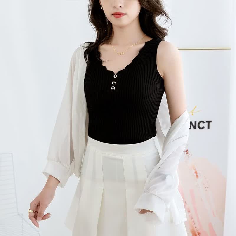 YUNTH夏装冰丝吊带针织背心女美背宽松百搭无袖大码韩版打底V领显瘦 黑色不掉色 XS 建议80-90斤