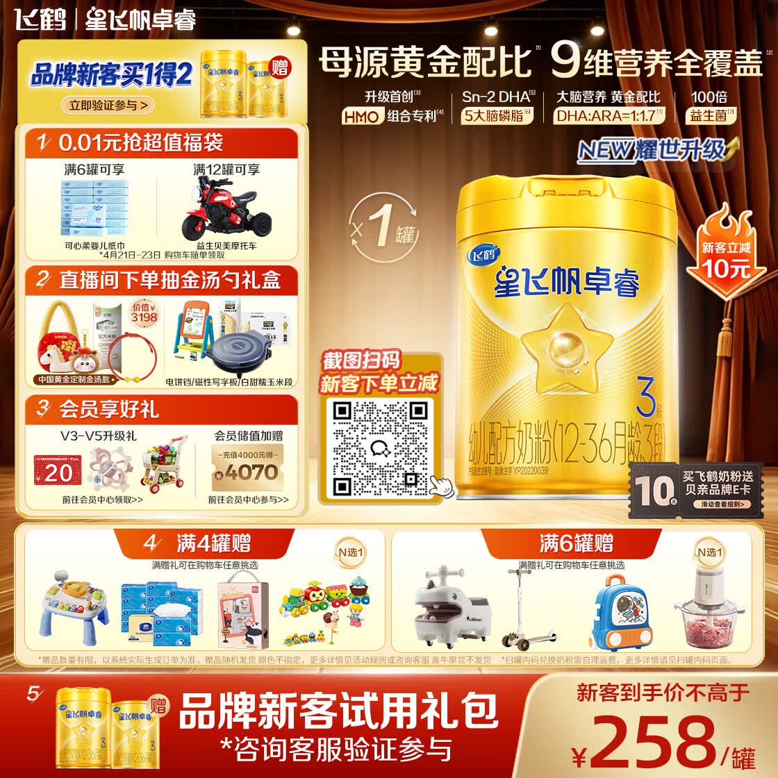 飞鹤星飞帆卓睿 幼儿配方奶粉3段（1-3岁）750g 乳铁蛋白【老爸抽检】