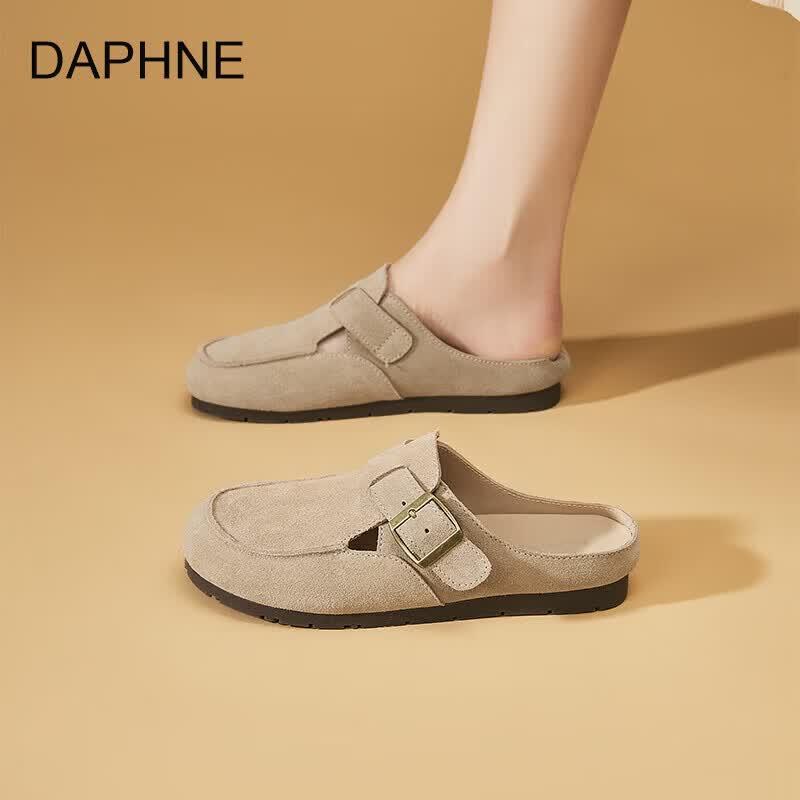DAPHNE达芙妮牛皮复古文艺风圆头搭扣深口单鞋女2026年春季新款休闲厚度勃肯鞋 卡其色 40