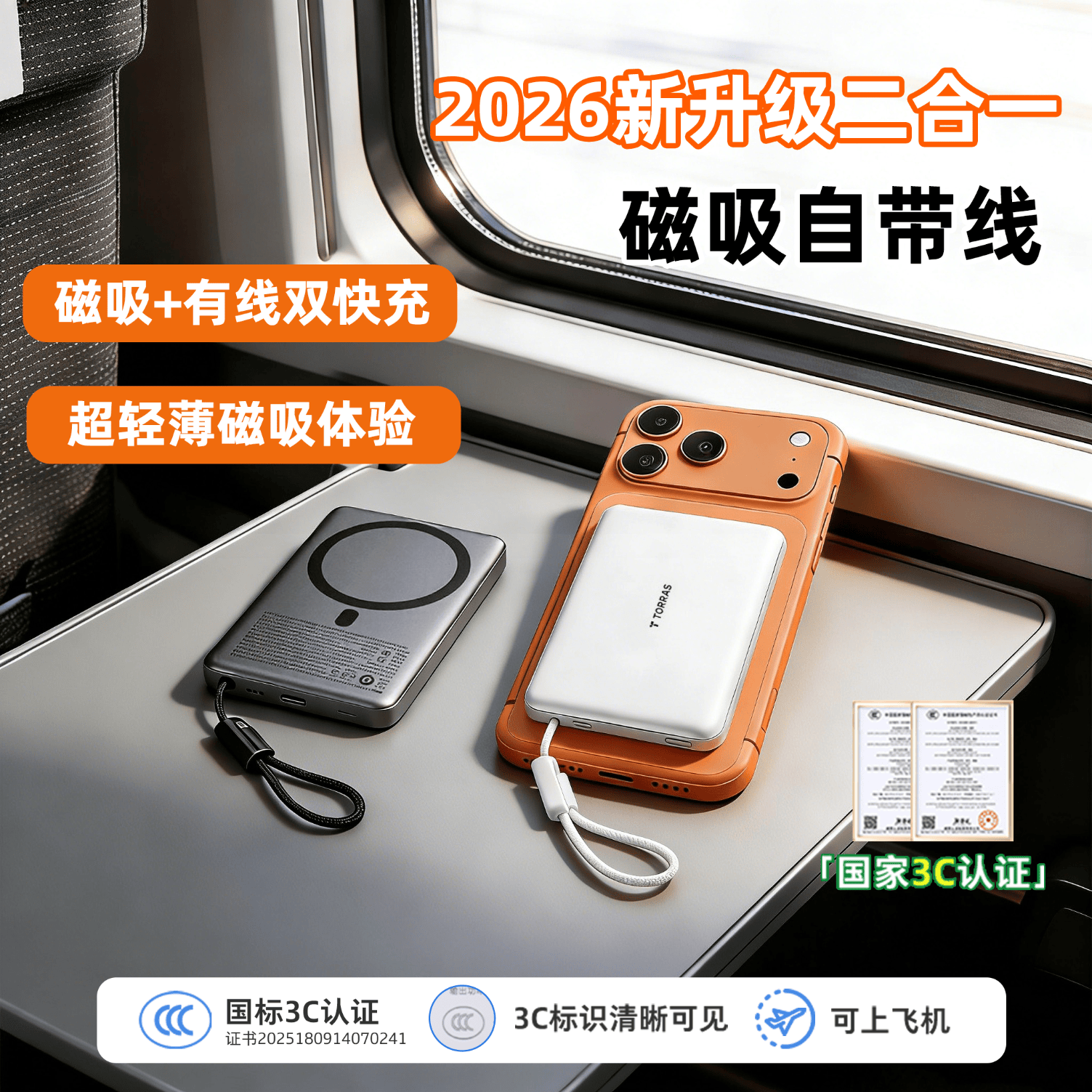 图拉斯磁吸充电宝【3C认证丨新升级二合一】可上飞机Magsafe自带线快充移动电源10000毫安适用苹果华为