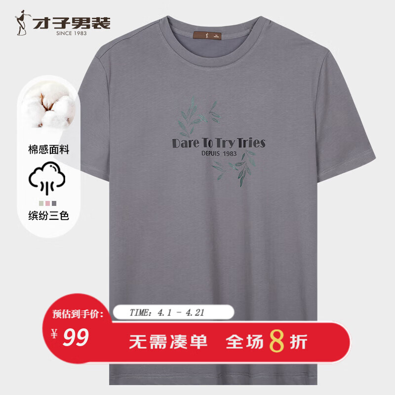 才子（TRIES）夏季百搭短袖T恤经典圆领舒适棉感T透气简约印花时尚男上衣 灰色 XL 50(175/92A)