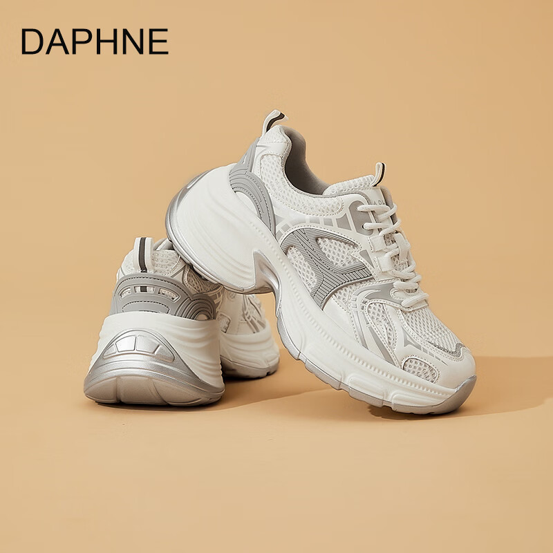 达芙妮厚底透气银色老爹鞋女2026新款春季复古百搭休闲网面跑步运动鞋 白灰色 40