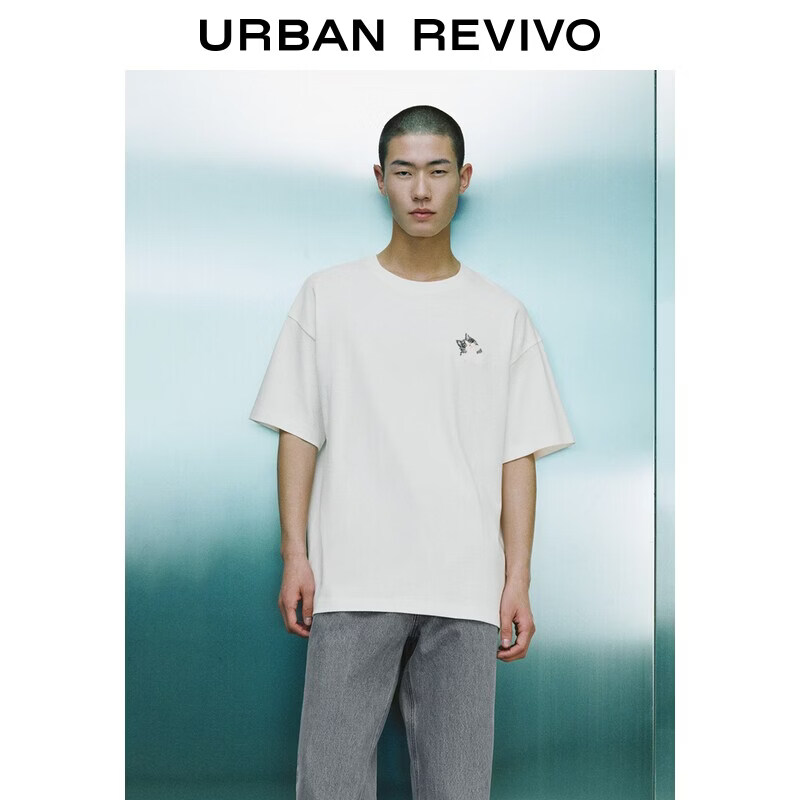 UR2026夏季新款男装休闲百搭小狗刺绣圆领棉质T恤UUY460023+# 本白 L