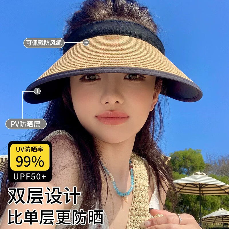 万宝绿空顶防晒帽女夏季防紫外线草编大帽檐草帽发箍遮阳帽子骑车吹不翻 【卡其色+冰丝口罩】升级版强遮光UPF50+