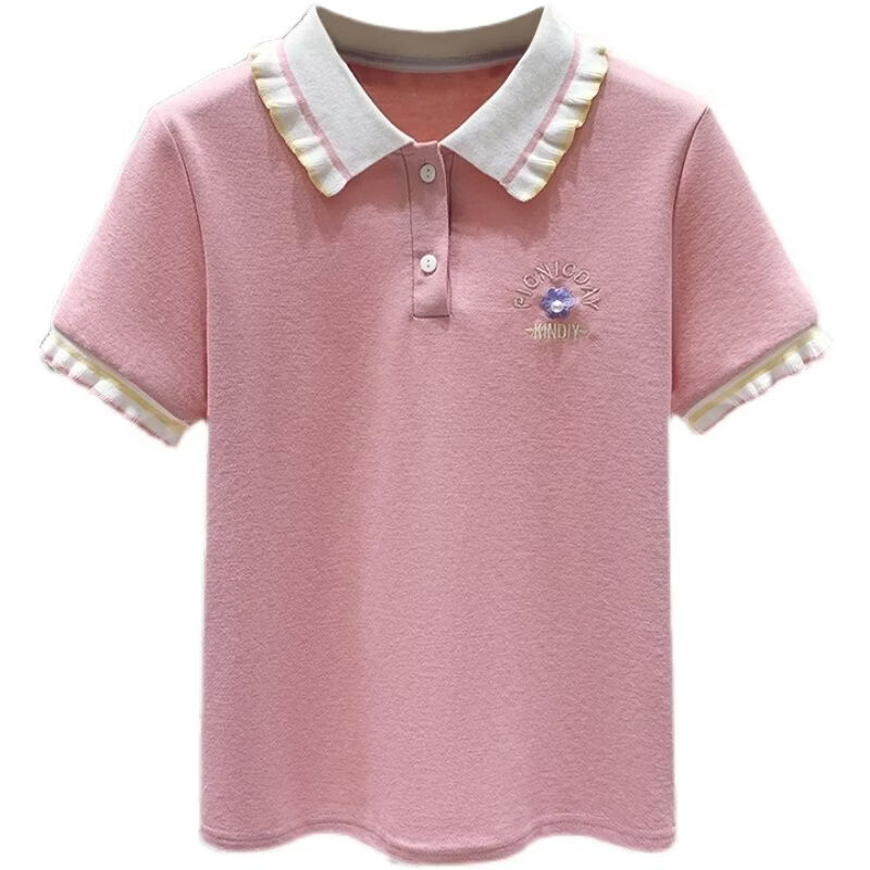 蝴蝶曼Polo衫娃娃领钉珠短袖t恤女2026夏季新款针织字母刺绣减龄上衣 粉色 均码 【建议110斤以下穿】