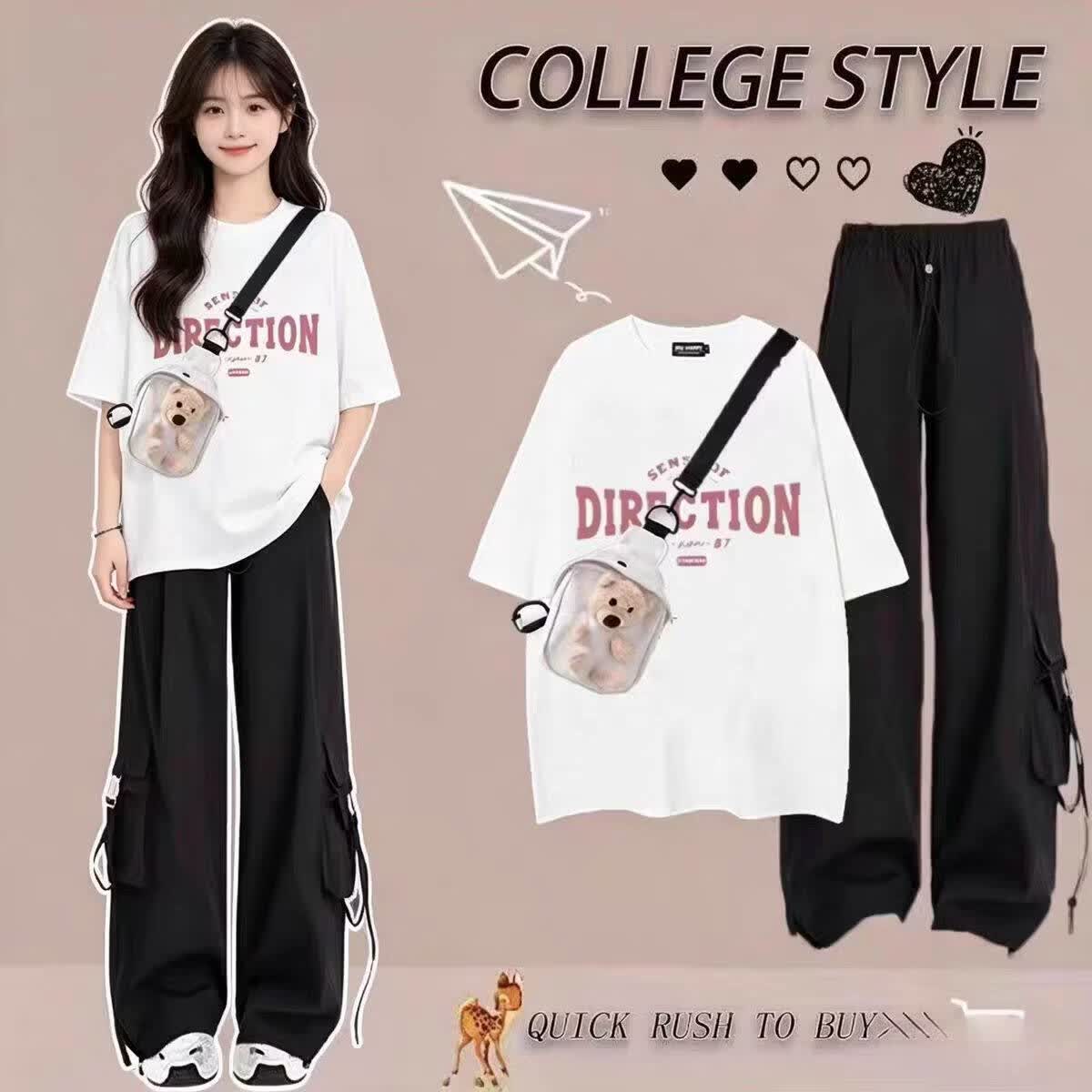 欧颖慕女童衣服初高中生夏季新款运动套装时尚女童套装夏季女孩短袖宽松 白色短袖+粉色工装裤【两件套】-无包包 155 （S）码【建议75-90斤】