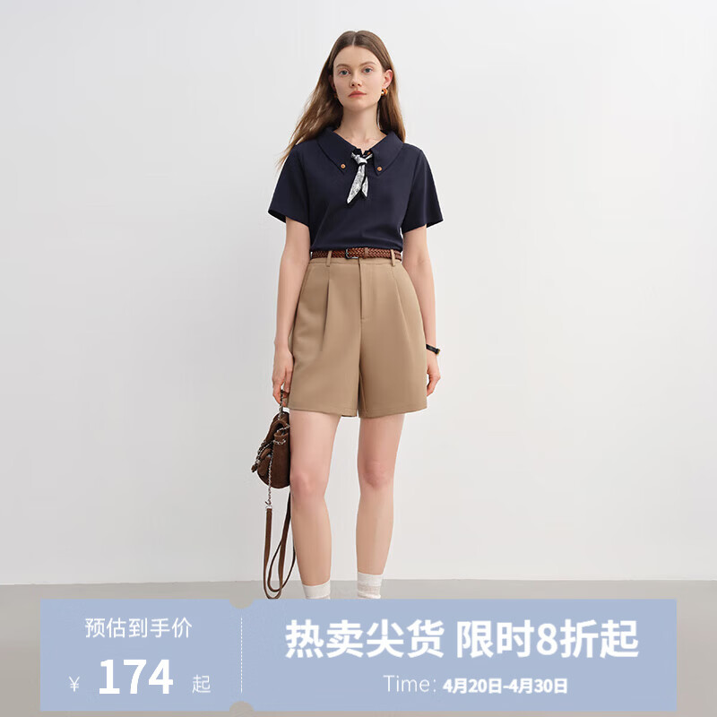 独束大码女装腰果花丝巾T恤POLO领短袖女2025新款宽松减龄显瘦T恤 藏青 XL （尺码：3）