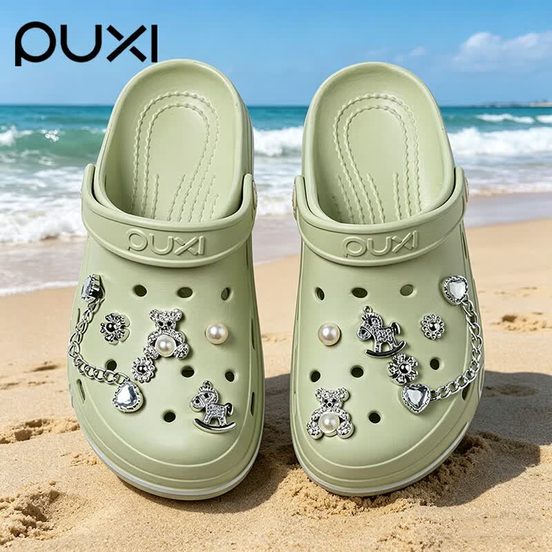 朴西洞洞鞋【带鞋花】女款夏季2026新款外穿厚底沙滩包头凉拖鞋女 抹茶绿 +炫彩爱心链条鞋花 39-40 【脚宽拍大一码】