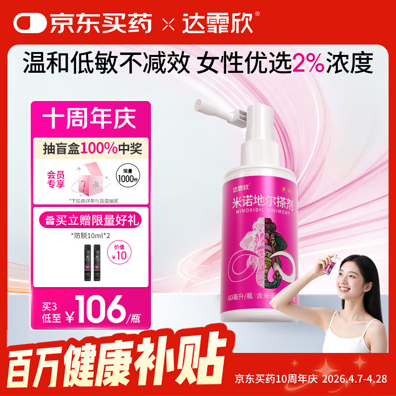【推荐买3】达霏欣2%米诺地尔酊搽剂60ml瓶生发液女士宽发缝防脱生发发际线脱发斑秃达菲欣米洛地尔自营