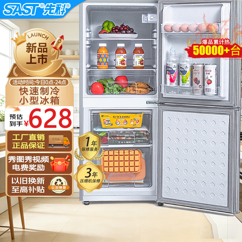 先科（SAST）下冷冻冰箱双门电冰箱家用节能冰箱公寓办公室宿舍低噪电冰箱冷藏冷冻环保出租房冰箱 S202银色一级能效【万人加购】