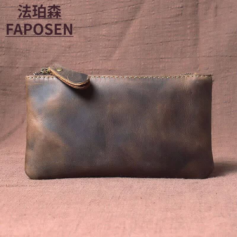 法珀森（FAPOSEN）简约复古疯马皮男士头层牛皮手机包长款钱包Z皮简约卡包手拿包潮 咖啡色