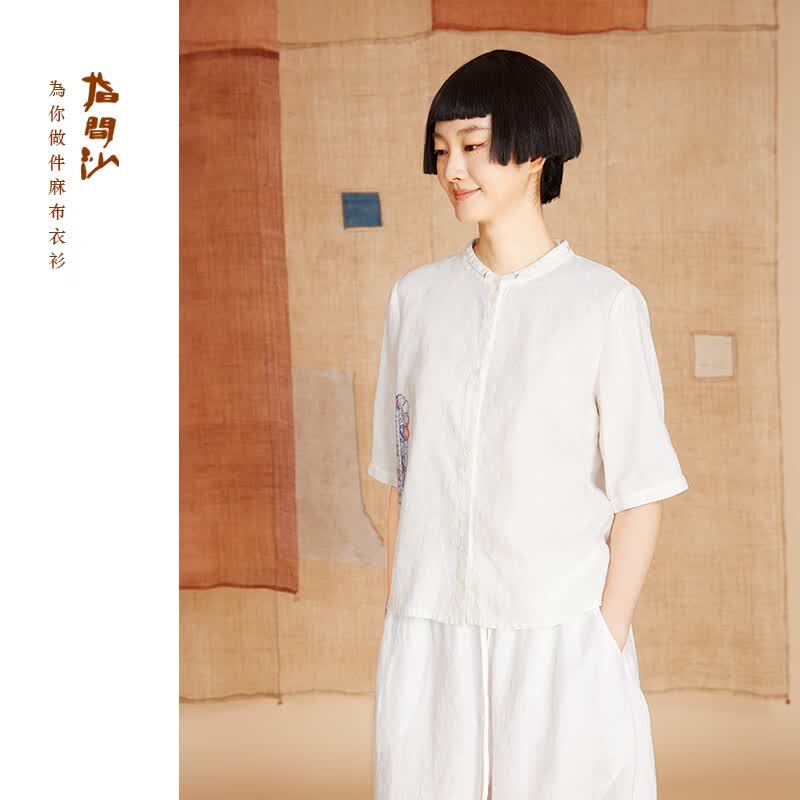 指间沙2026夏季新款亚麻五分袖衬衫女印花显瘦文艺亚麻开衫上衣21102 素白79 S