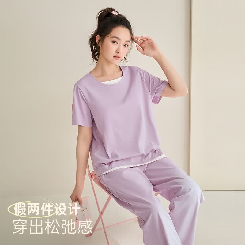 安之伴【巨凉感】睡衣女夏季2026新款纯棉短袖套装夏天休闲可外穿家居服 浅紫【内置胸垫-柔软有弹性】 M