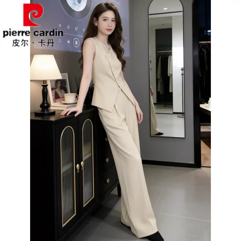 皮尔卡丹(pierre cardin)大方得体休闲运动套装女夏季新款洋气显瘦无袖上衣阔腿裤两件套潮 黄色套装 M
