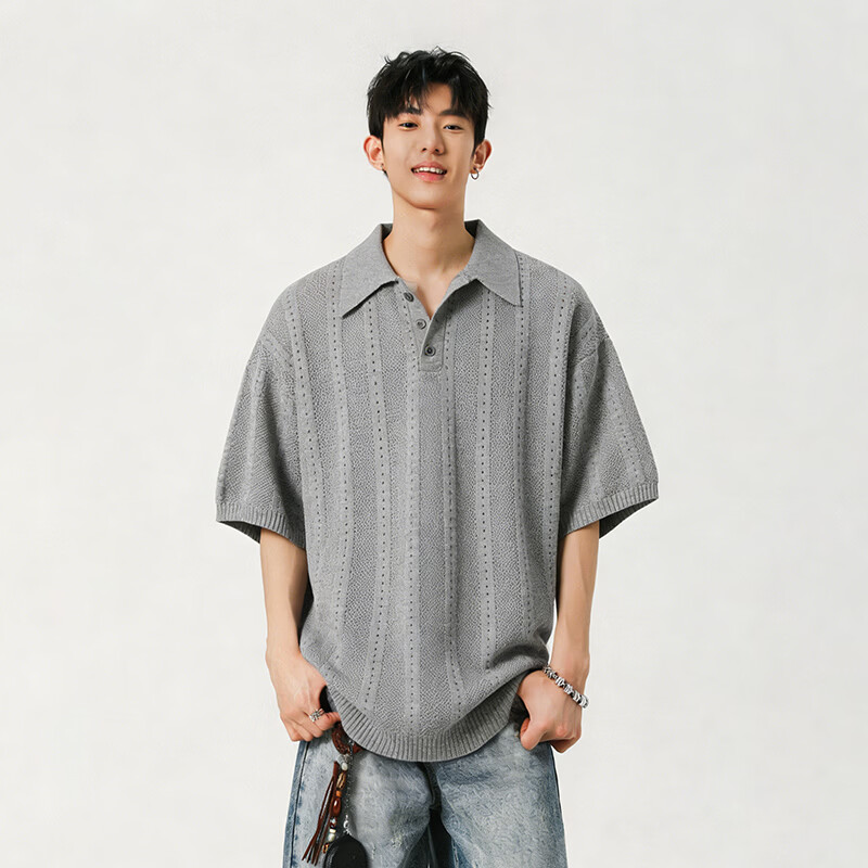 ROYAL PALM POLO SPORTS CLUB夏季新款美式复古条纹polo衫男宽松休闲百搭潮流短袖上衣 灰色 3XL