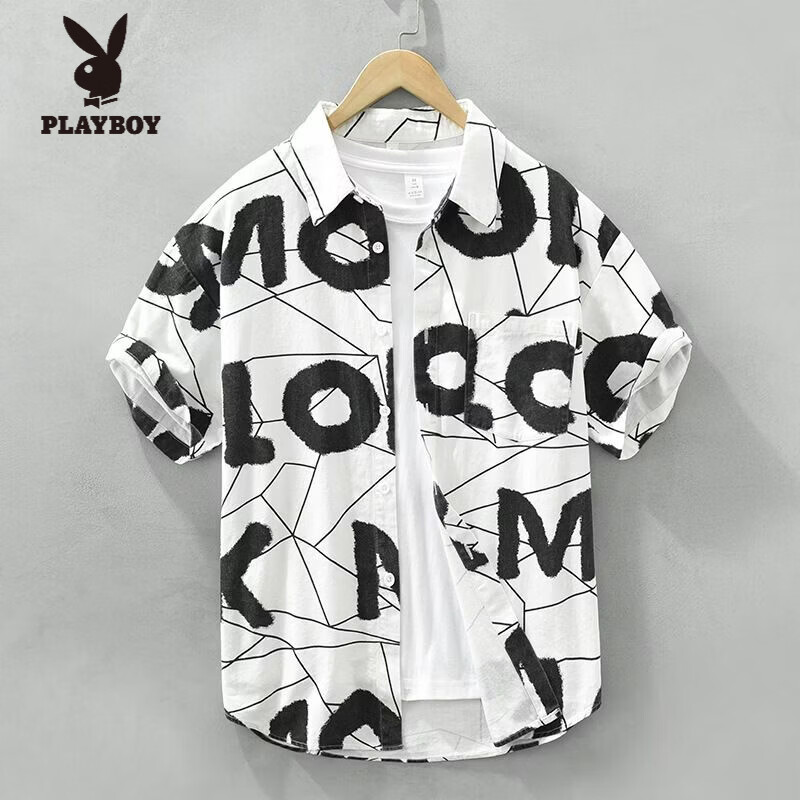 花花公子(PLAYBOY)字母印花翻领短袖衬衫男宽松休闲日系清新半袖衬衣男 白色 M 建议95-125斤
