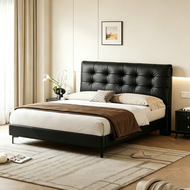 CBD家居真皮床中古风软包薄床头双人皮艺床 水墨黑床+乳胶床垫 1800*2000