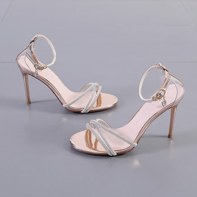 Moermashi高跟凉鞋女夏季新款气质仙女风水钻法式一字带细跟性感高跟鞋 杏色 37 (偏小拍大1码)